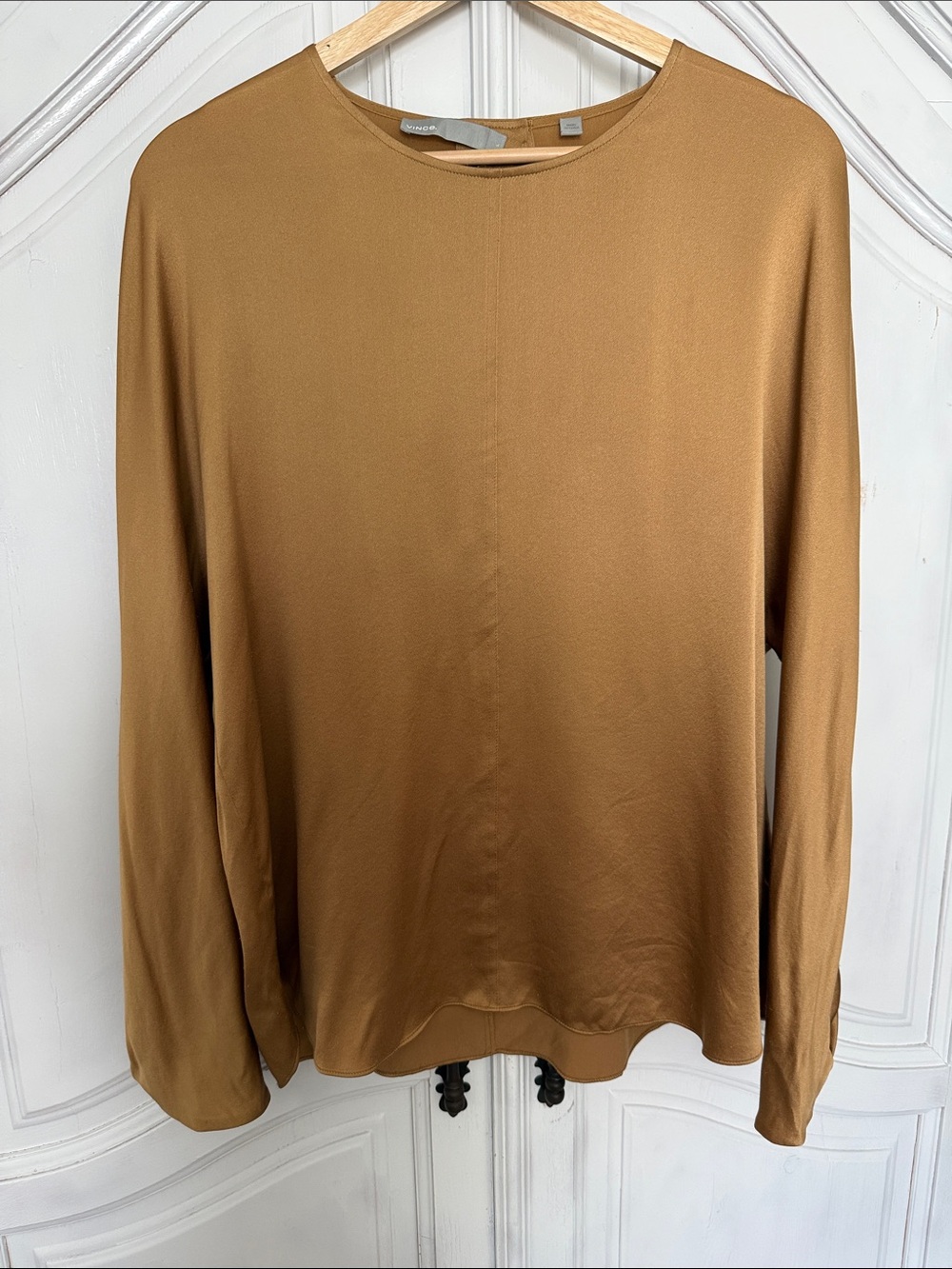 VINCE 100% Silk Golden Camel Pleated Long Sleeve Blouse Luxury Fall Women's L